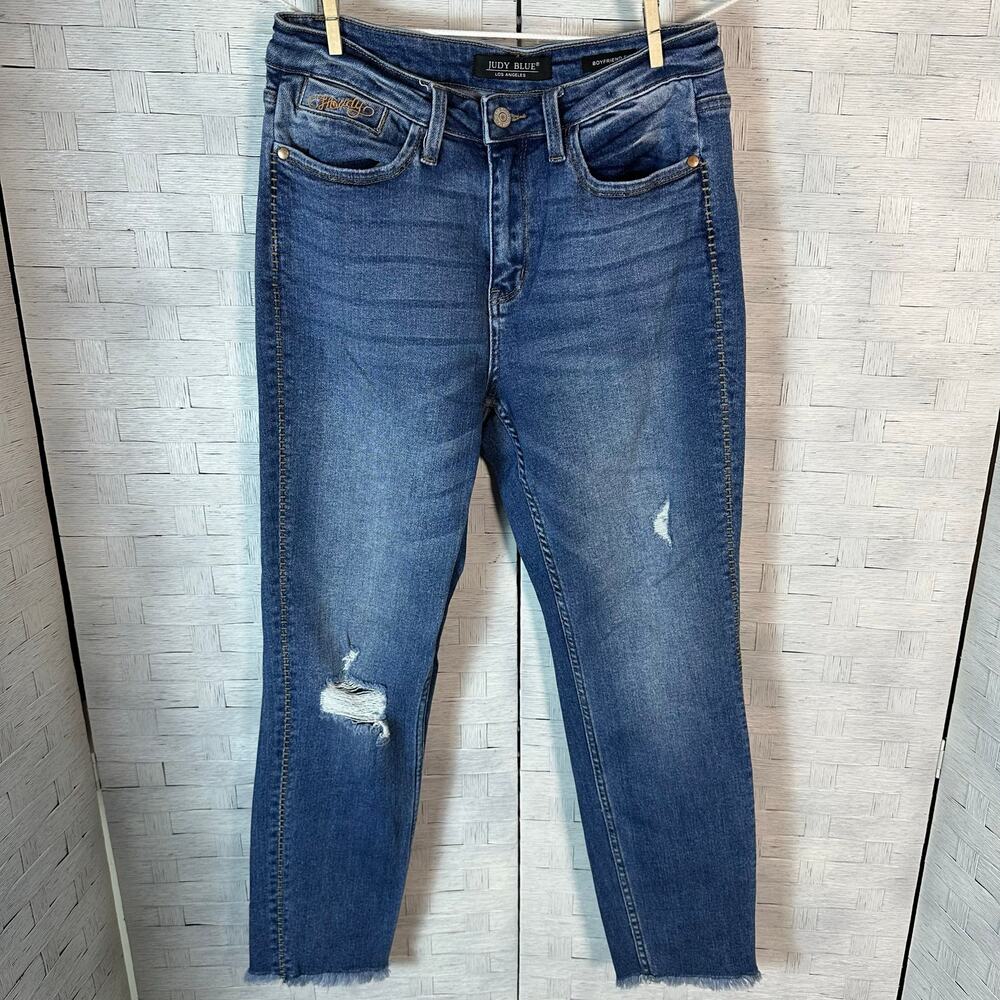 Judy blue women's jeans distressed raw him straight leg streetwear denim pockets